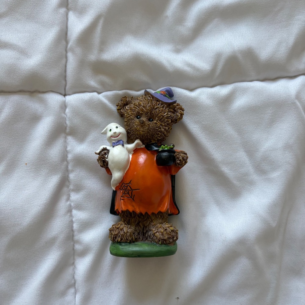 Halloween Teddy Bear Figurine Pumpkin Costume Ghost Witch Hat Cauldron 5 In VTG